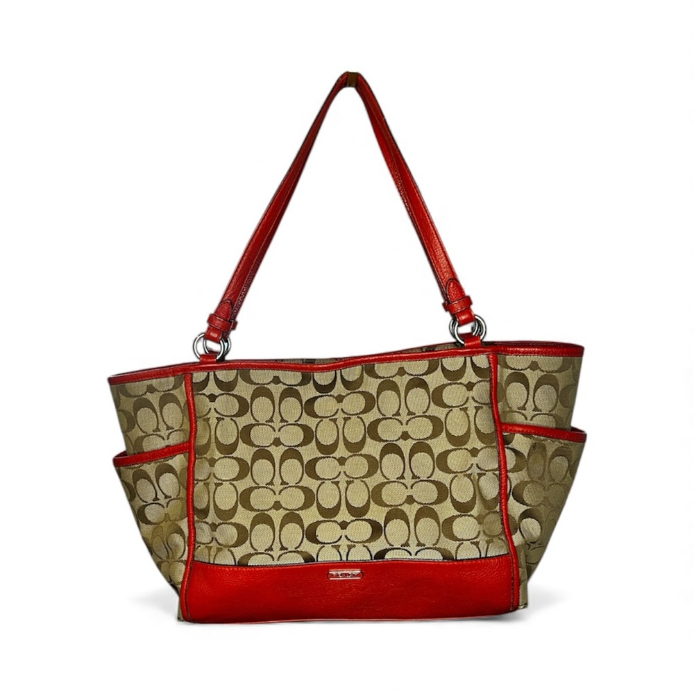 Coach Park Signature Carrie Tote In Red and Khaki
